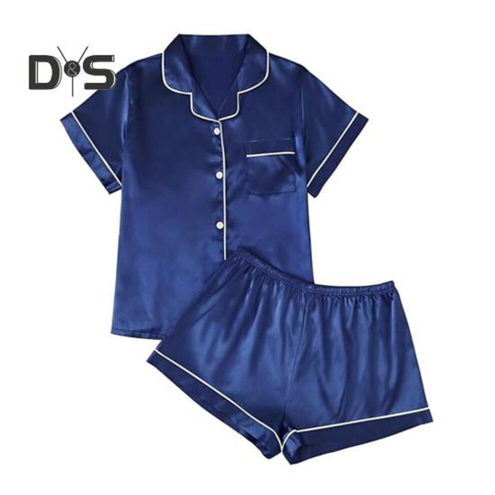(XXL, blue) 2Pcs/Set Imitation Silk Pajamas Set Lapel Short Sleeve Buttons Placket Shirt Elastic Waist Shorts Set Summer Cool Sleepwear