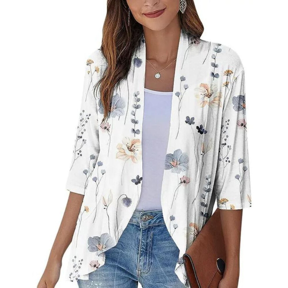(XL, beige) Spring and Autumn New Solid Color Printed Cardigan Coat Seven-quarter Sleeve Ruffled Top