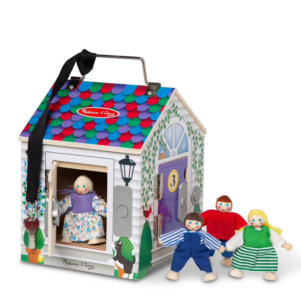 Melissa & Doug Take-Along Wooden Doorbell Dollhouse - Doorbell Sounds Keys 4 Poseable Dolls - Portable Doorbell House For Kids Ages 3+