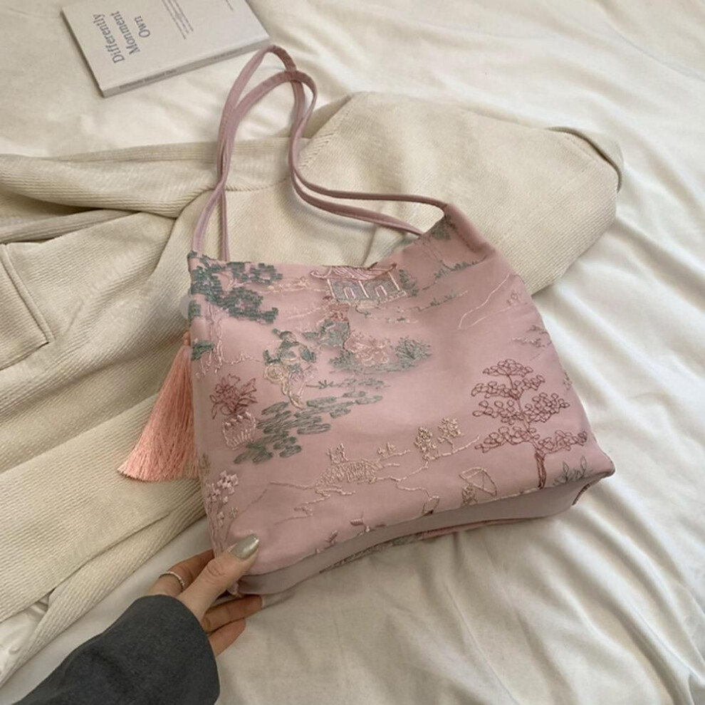 (pink) Silk Chinese Style Handbag Large Capacity Ancient Underarm Bag Sweet Cheongsam Bucket Bag  Outdoor