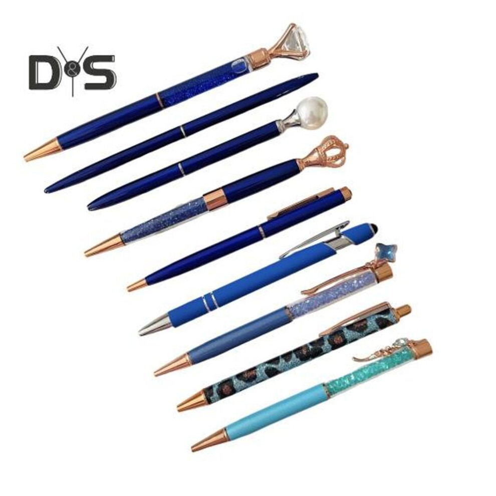 (blue) 9pcs Ballpoint Pen Set Metal Faux Crystal Pen Bling Dynamic Liquid Sand Pen For Journaling Retractable Glitter Black Ink Pen For Office School