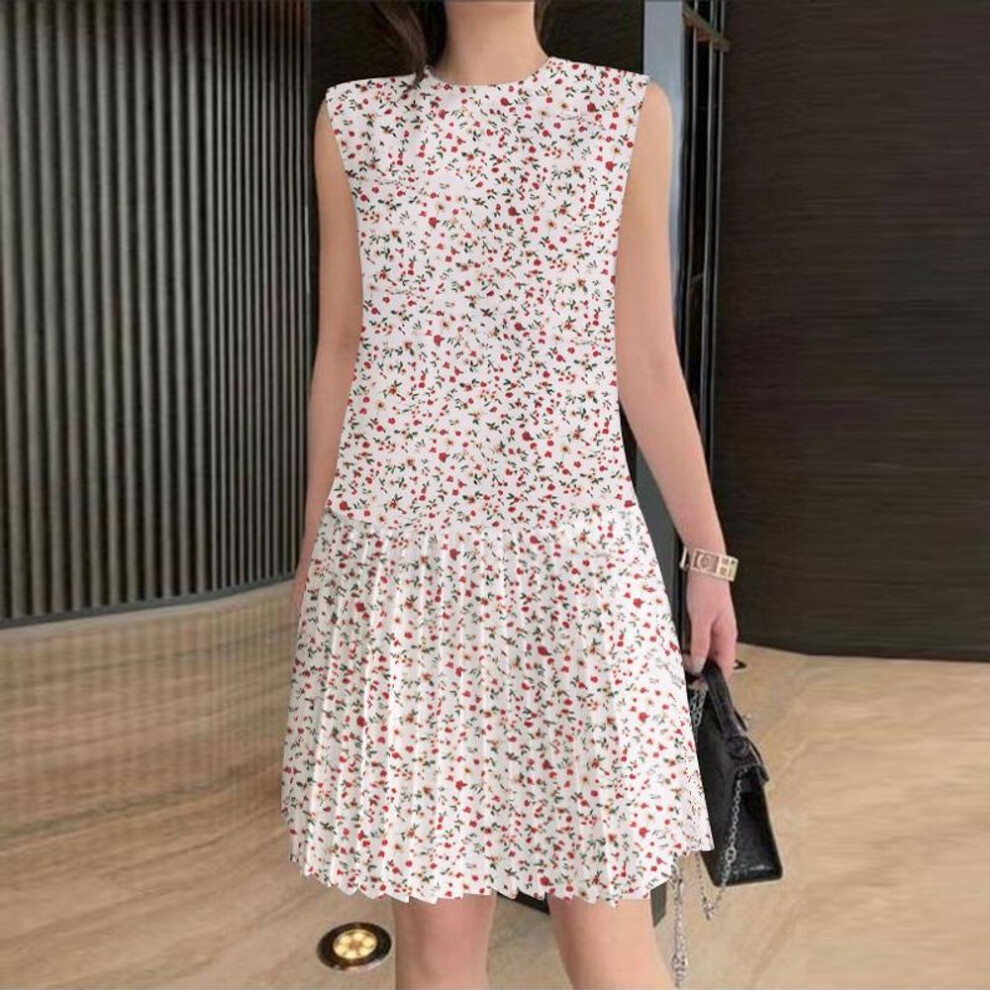 (white, 2XL) ZANZEA Women Fashion Round Neck Sleeveless Floral Print A-Line Dresses