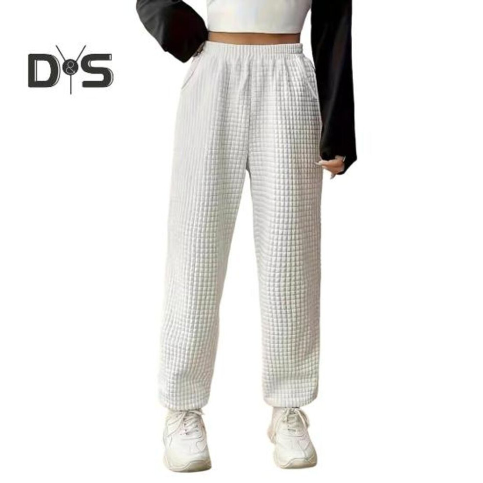 (white, XL) Women Long Pants Elastic High Waist Straight Wide Leg Casual Trousers With Pockets Solid Color Waffle Texture Sweatpants