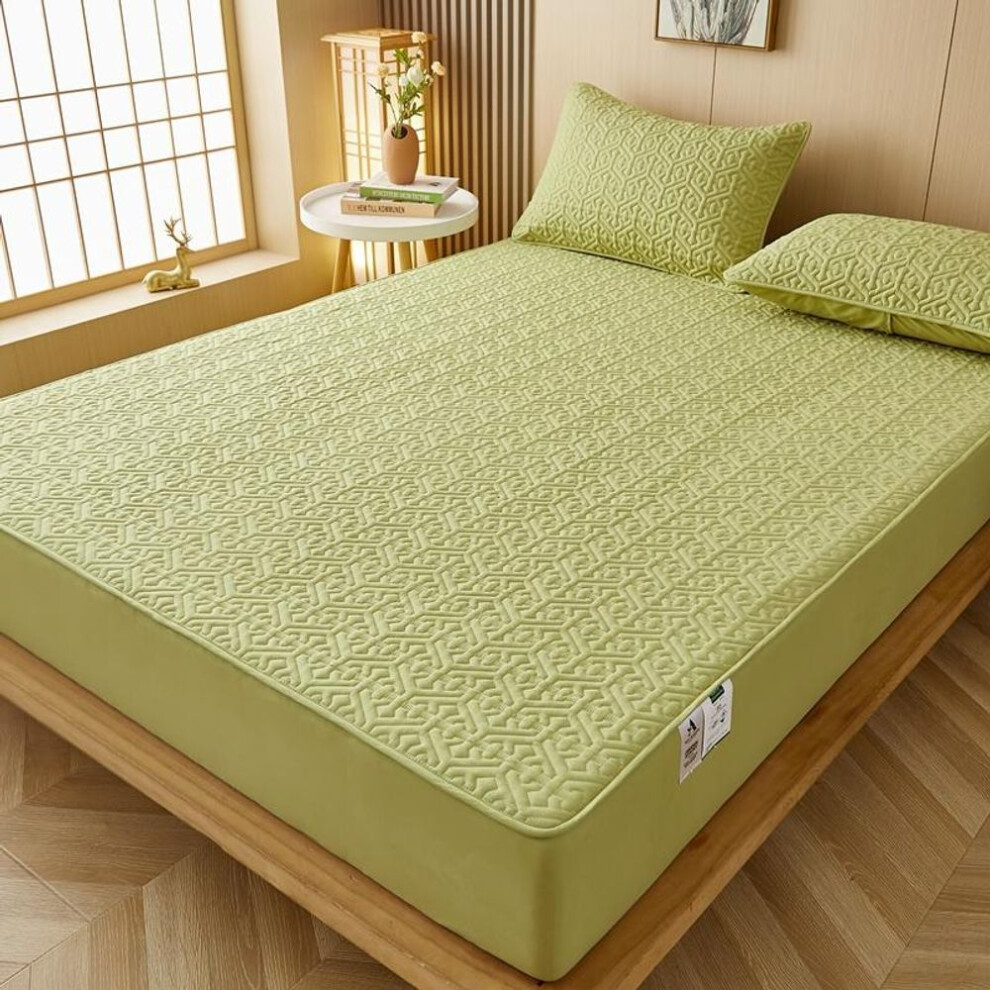 (green, Queen 152x203x32cm) Quilted Cotton Mattress Cover Thickened Breathable Fitted Mattress Pad Protector Non Slip Bed Topper for Double King Queen Beds