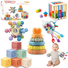 i diy Baby Toys 0-6-12 Months Montessori Toys for babise 0-6-12-18 Months Incl Pull String Toy & Shape Sorter & Stacking Baby Block & Manhattan Ball &