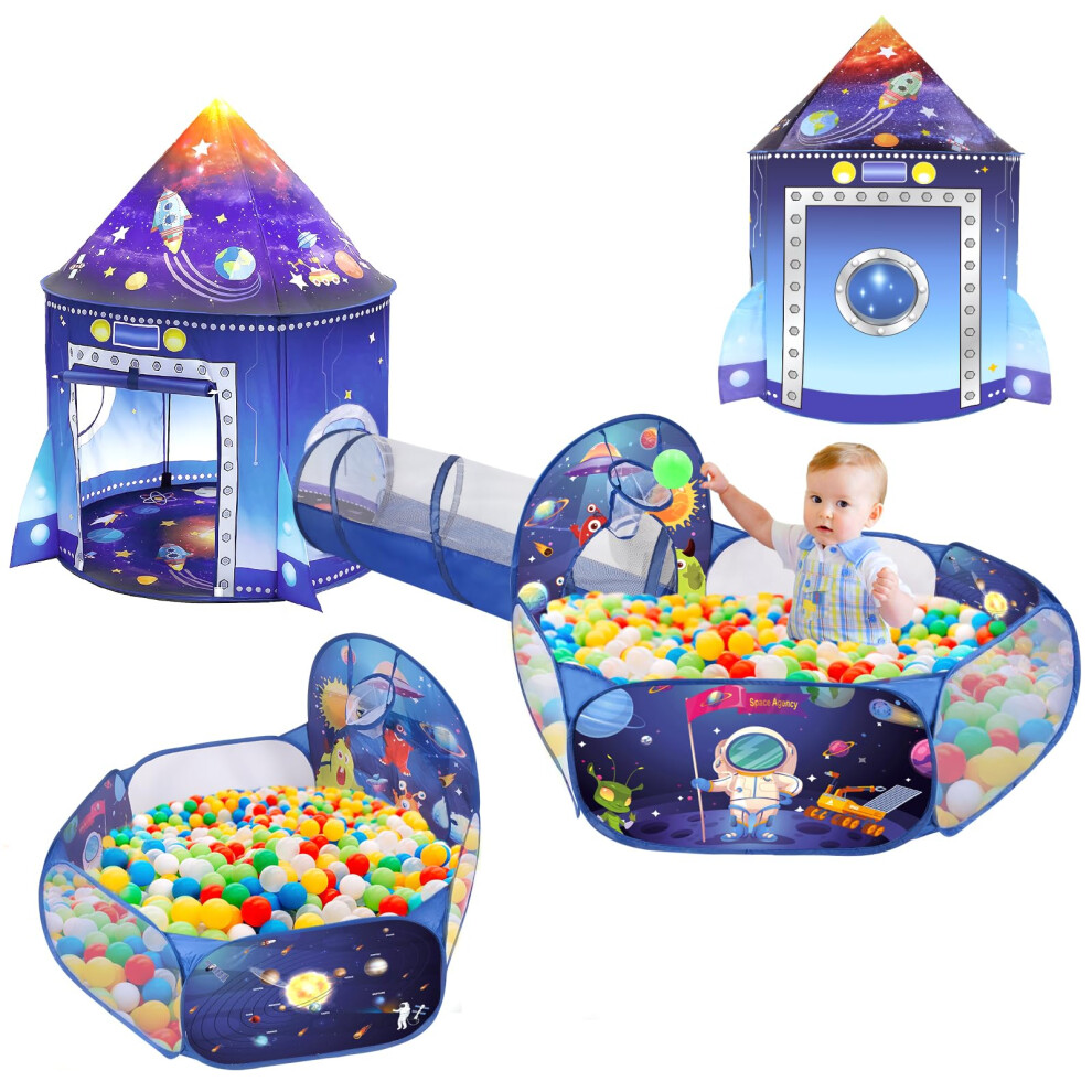 3 in 1 Rocket Ship Play Tent with Ball Pit Tunnel for Kid Astronaut Space 3PC Playhouse Indoor Outdoor Foldable Pop Up Tent Set Bluey Toddler Toys for-image-OPC-PFYPGP8-NEW