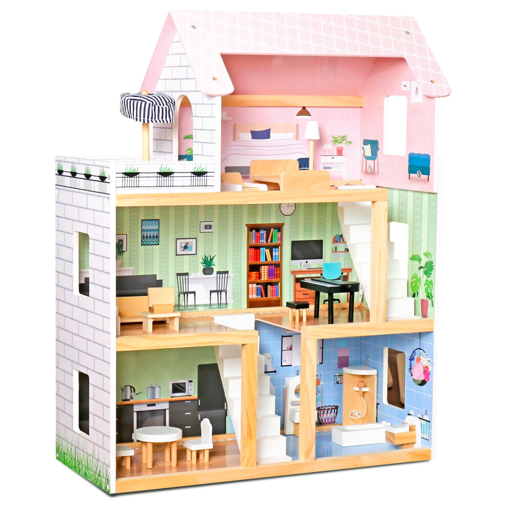 Photos - Doll Accessories Lil' Jumbl Kids Wooden Dollhouse 17-Piece Accessories & Furniture are Included with Balcony & Stairs 3 Story Easy to Assembl
