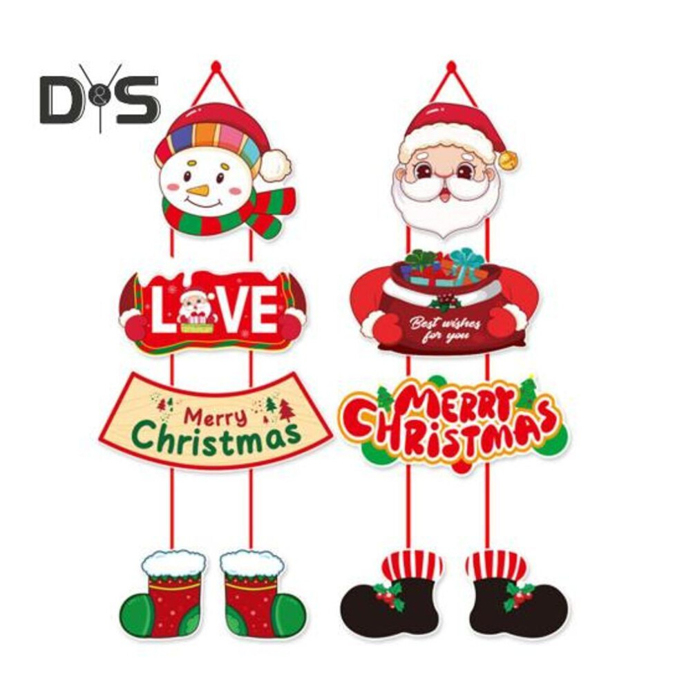(as the picture, A) 1 Pair Christmas Door Decoration Merry Christmas Hanging Sign Cartoon Santa Claus Snowman Holiday Decor For Home Wall Front Door