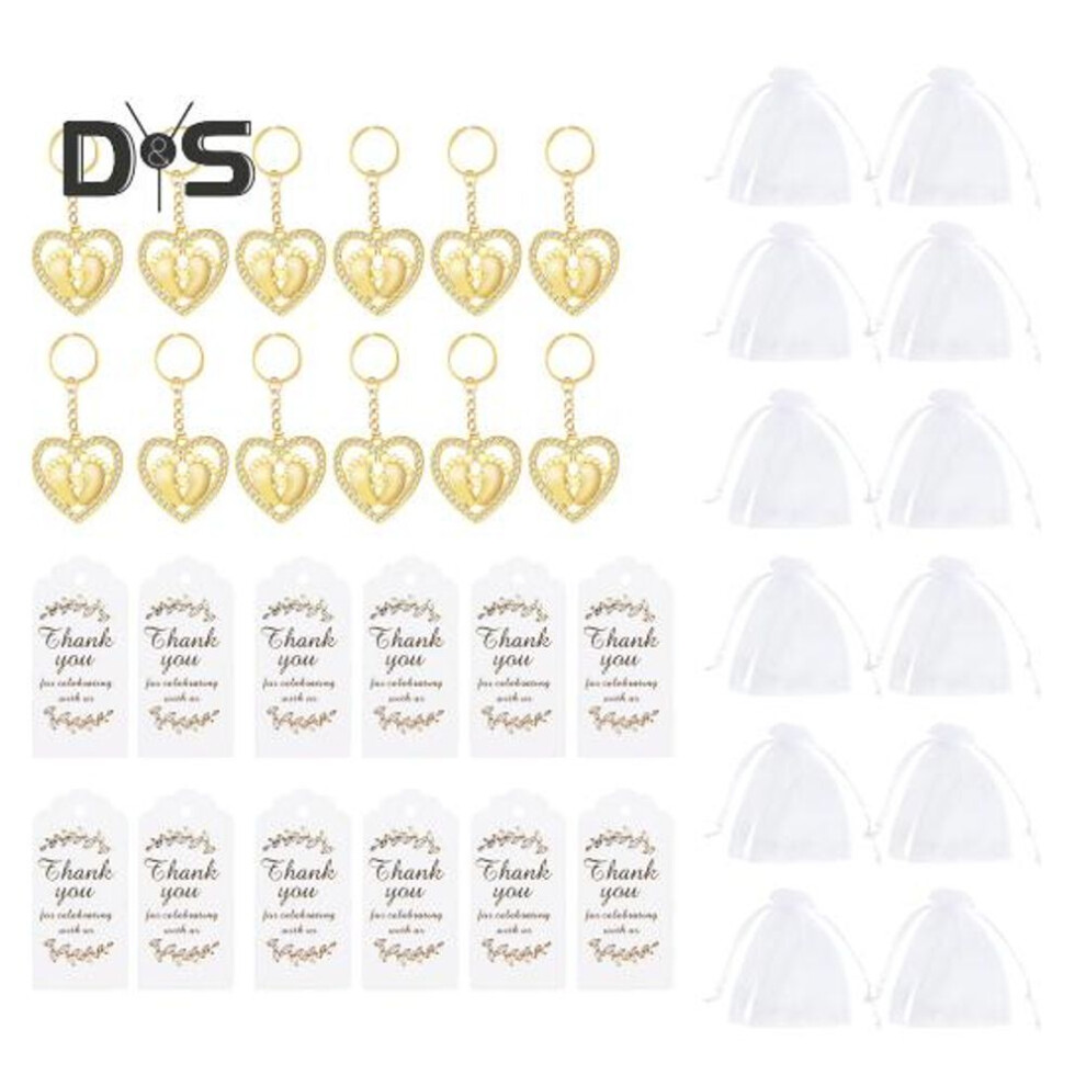 12 Pcs Love Heart Foot Keychain Alloy Foot Keychain With Rhinestones Baby Shower Favors With Thank You Cards Organza Bags For Gender Reveal Party