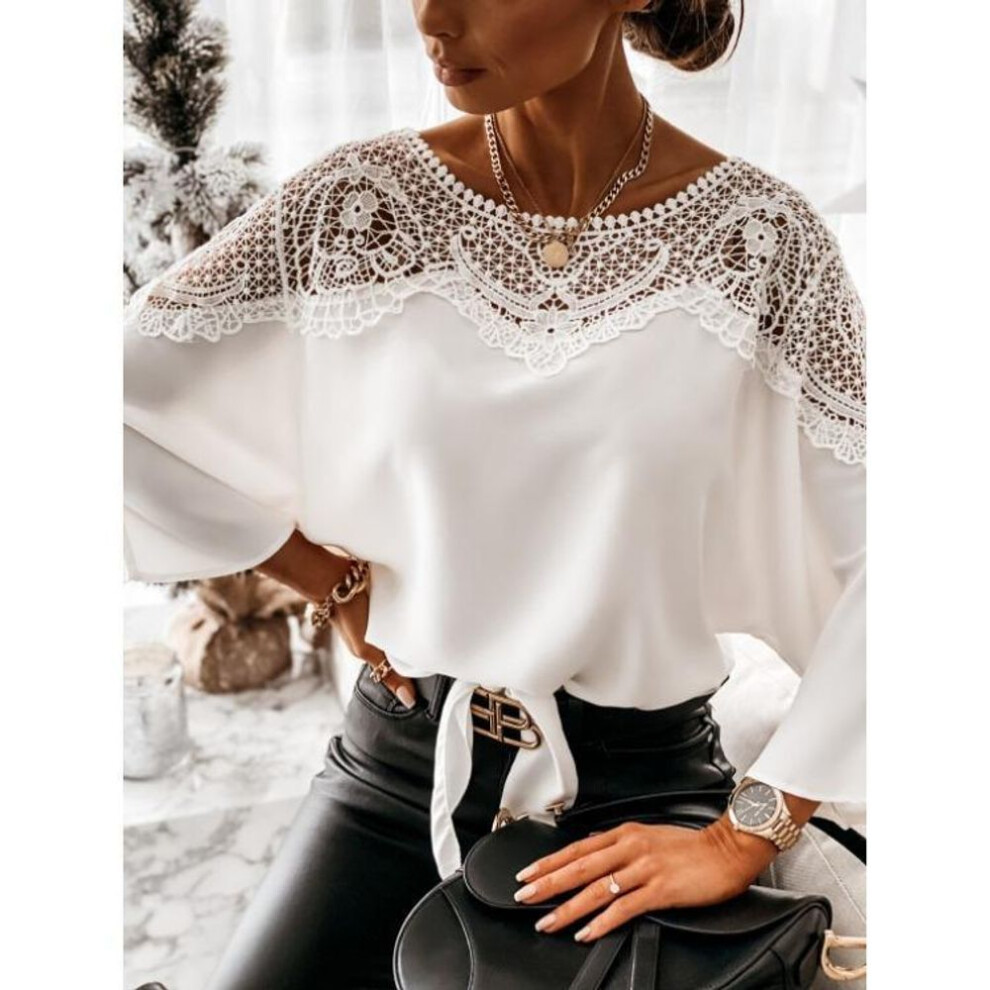 (S, white) 2024 Spring & Autumn Long Sleeve Lace Solid Color Round Neck Shirt