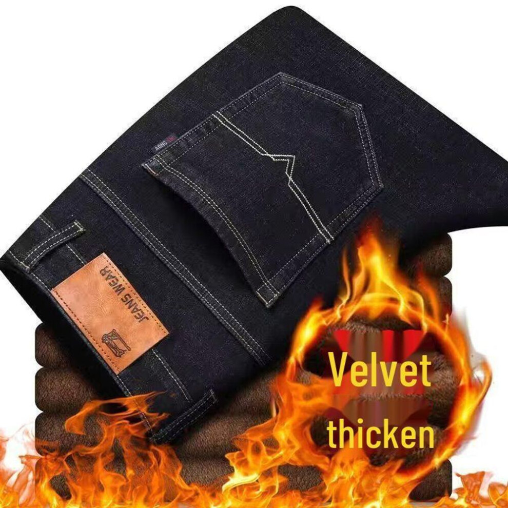 (black, 31) Men's Plush Thick Straight Jeans: Warm, Loose-fit, Cold-proof Outdoor Pants For Fall And Winter
