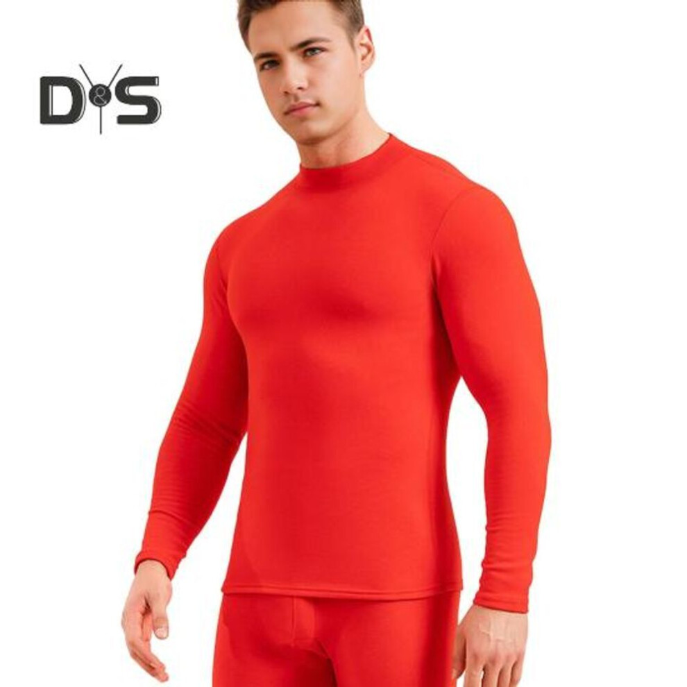 (red, 4XL) 2pcs/set Men Warm Outfit O-neck Long Sleeve Thermal Top High Waist Long Trousers Set Solid Color Slim Fit Breathable Bottom Outfit
