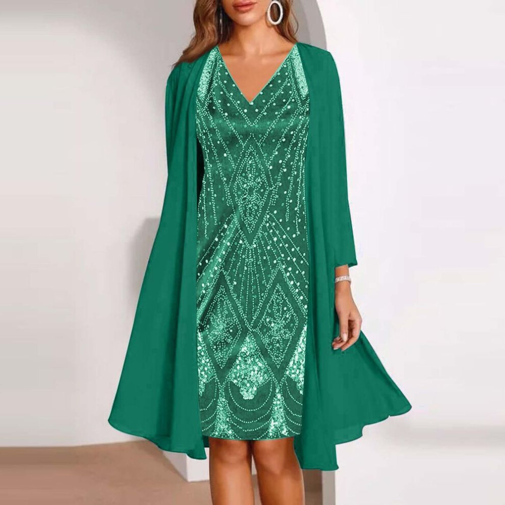 (green, L) Women's Fashion Elegant Print  Chiffon Sleeveless V- Neck Dress Two Piece Dress