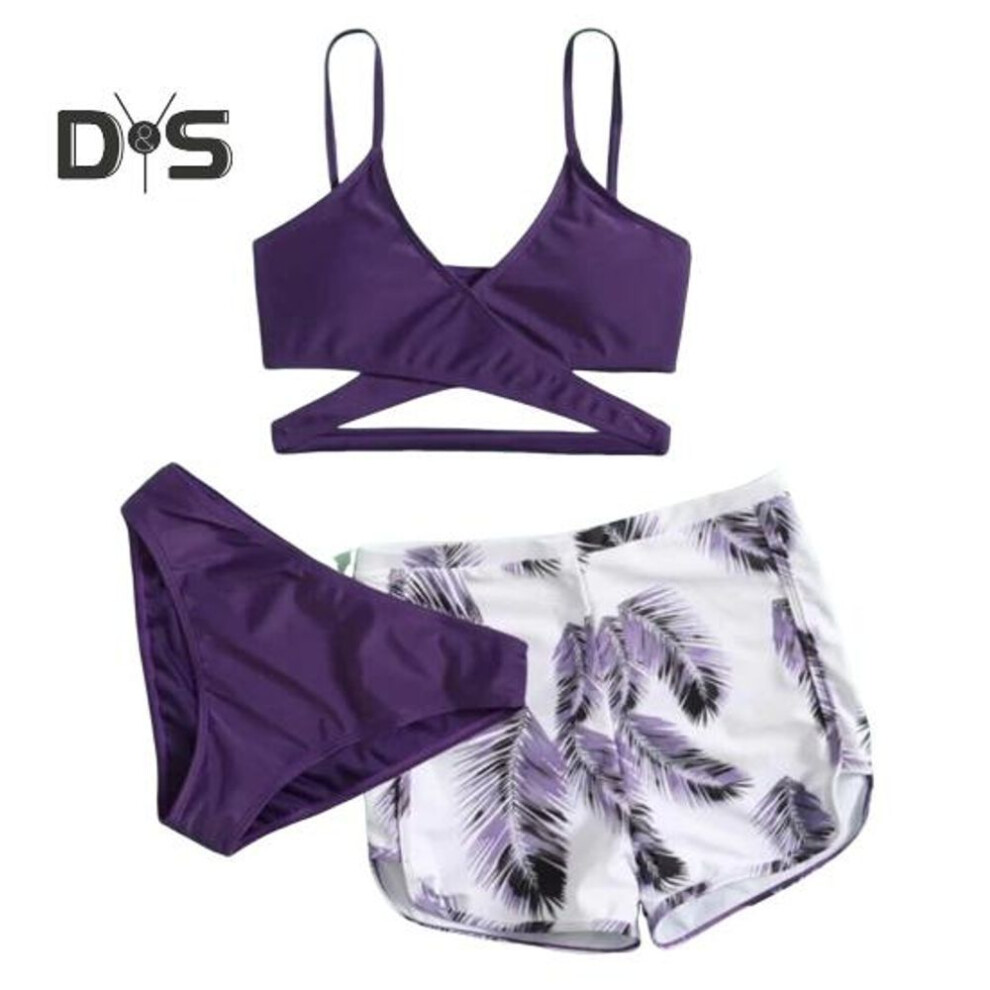 (L, purple) 3pcs/set Swimsuit Set Sling V-neck Bra Mid-rise Swimming Briefs Set Solid Color Bikini Set With Feather Print Shorts