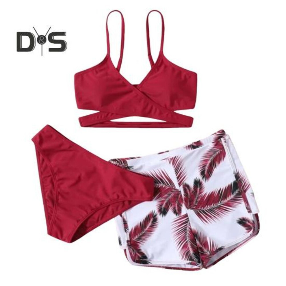 (L, red) 3Pcs/Set Swimsuit Set Sling V-Neck Bra Mid-rise Swimming Briefs Set Solid Color Bikini Set with Feather Print Shorts