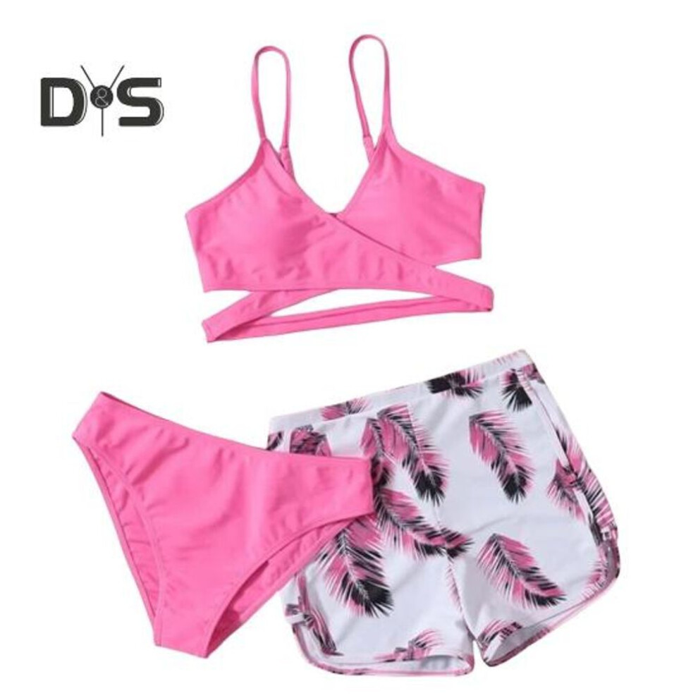 (XL, pink) 3Pcs/Set Swimsuit Set Sling V-Neck Bra Mid-rise Swimming Briefs Set Solid Color Bikini Set with Feather Print Shorts
