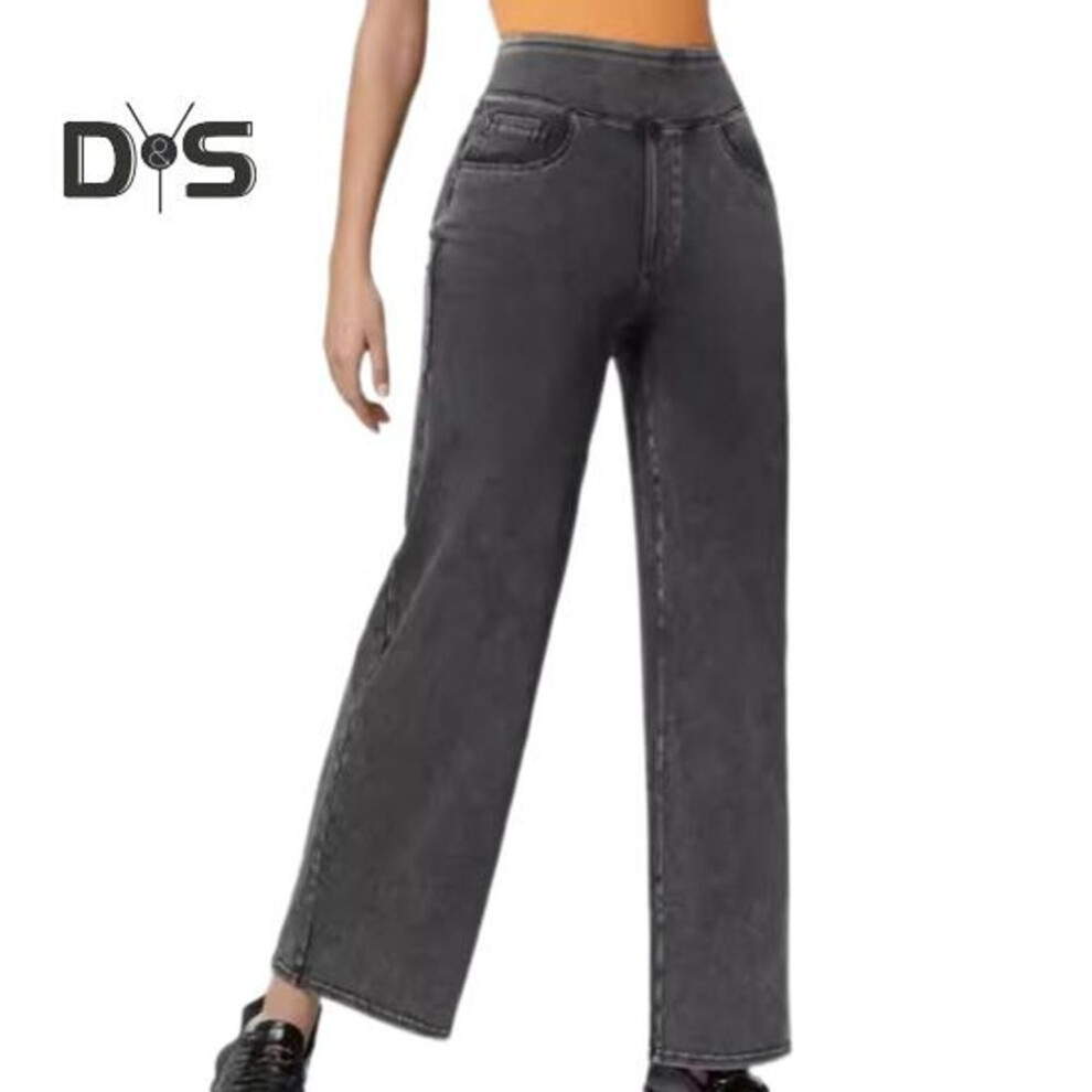 (dark gray, XL) Women Jeans Elastic High Waist Slim Fit Slightly Flared Wide Leg Long Denim Pants with Pockets Solid Color Jeans
