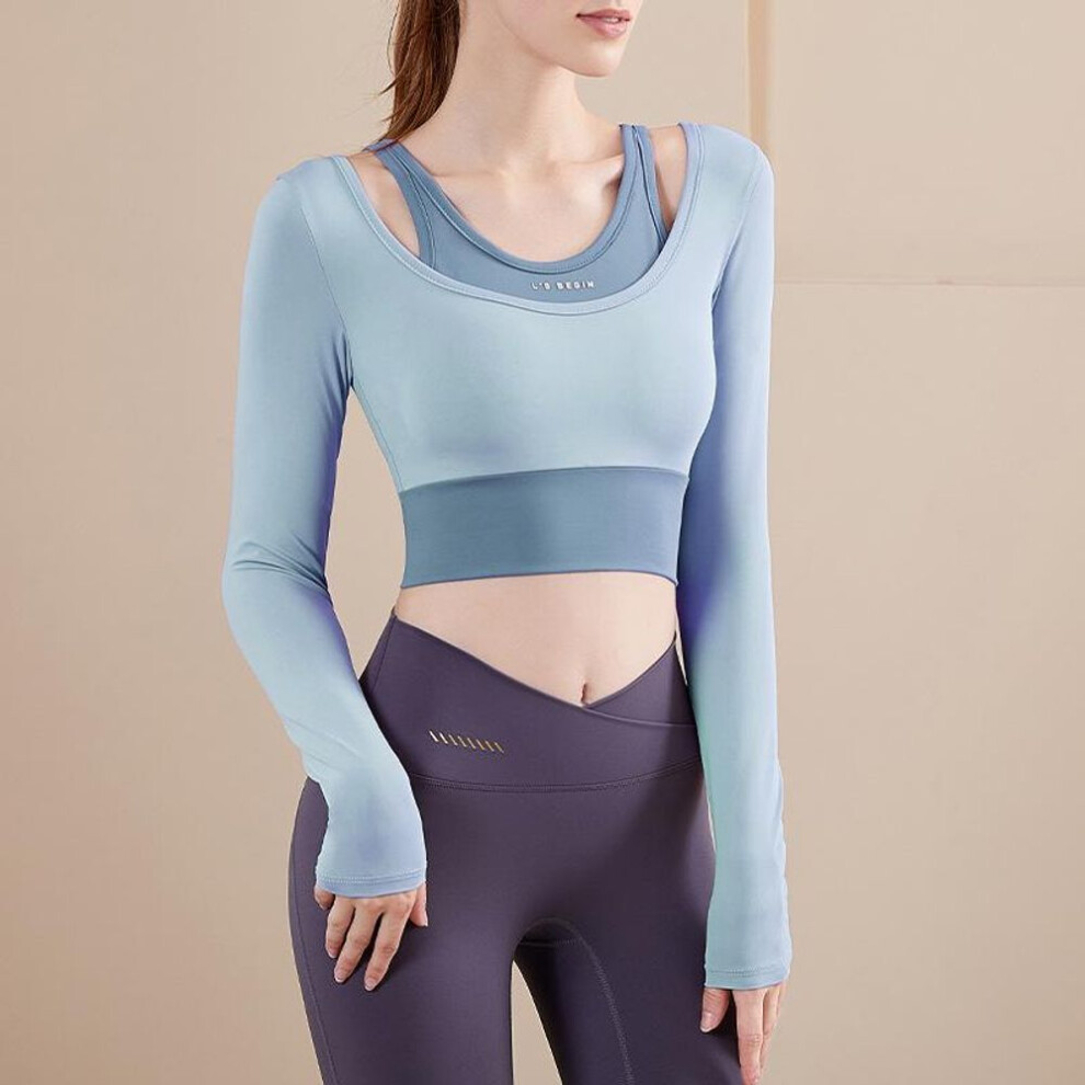 (blue, M) Women's Long-sleeve Yoga Top With Chest Pads - Quick-drying, Faux 2-piece Design For Sports, Running, And Pilates.