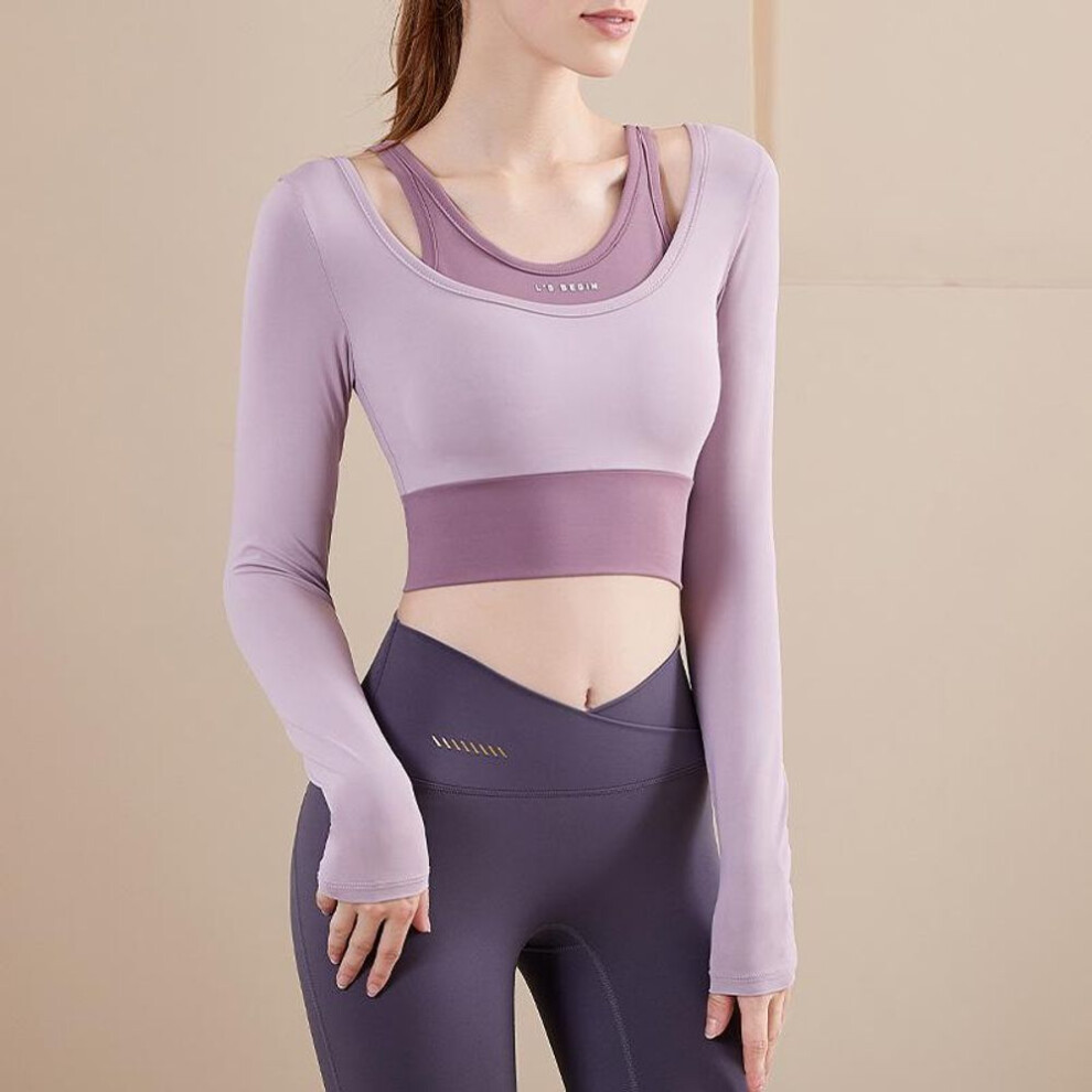 (pink,purple, S) Women's Long-Sleeve Yoga Top with Chest Pads - Quick-Drying, Faux 2-Piece Design for Sports, Running, and Pilates.