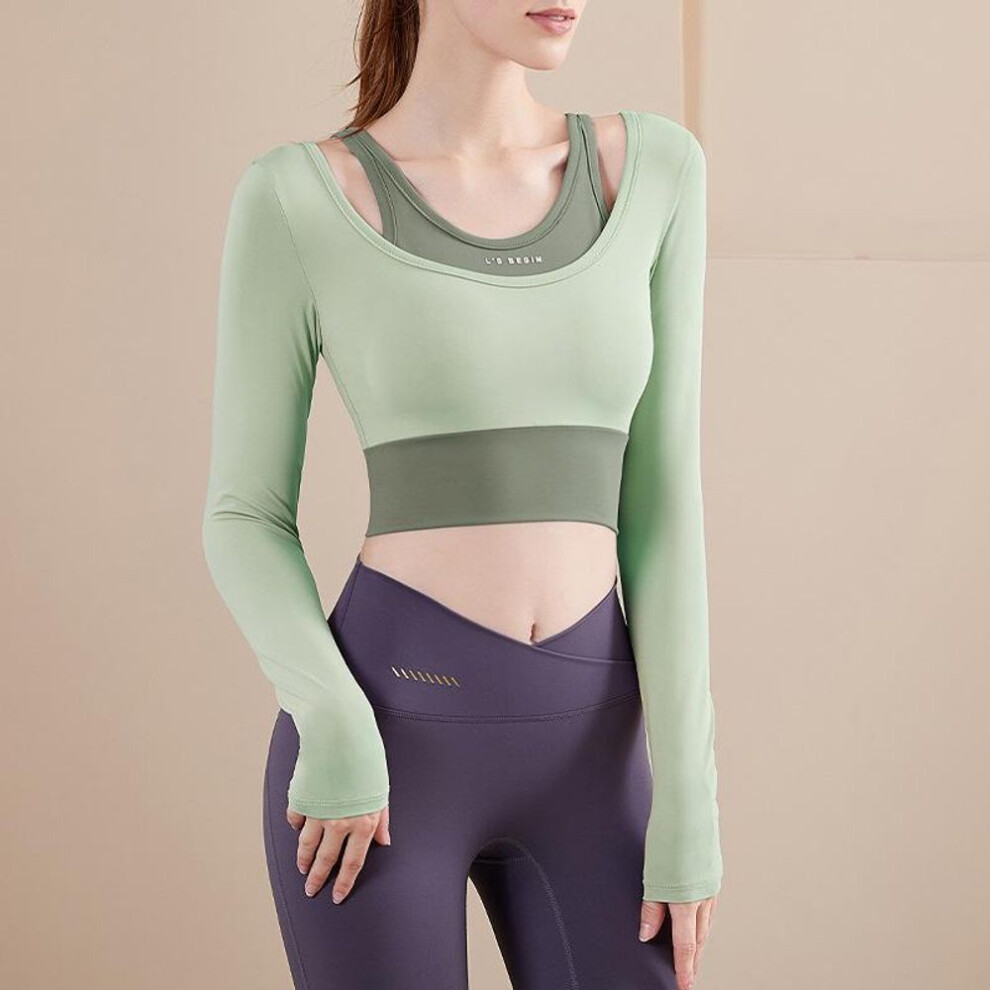 (green, XL) Women's Long-sleeve Yoga Top With Chest Pads - Quick-drying, Faux 2-piece Design For Sports, Running, And Pilates.