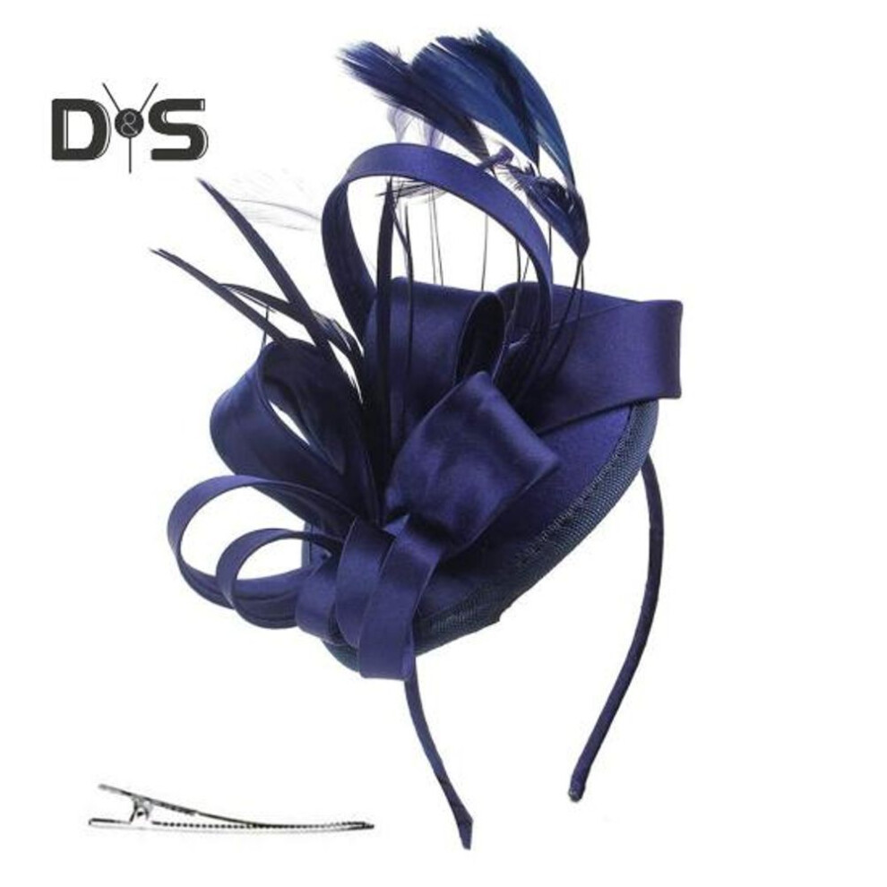 (navy blue) Fascinators Hat With Headband Clips Feather Embellished Headpiece Tea Party Wedding Halloween Girls Performance Hat