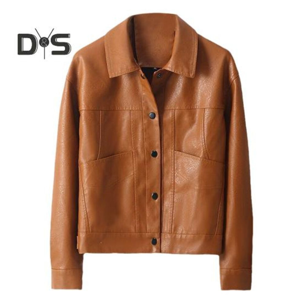 (brown, XXXL) Women Jacket Faux Leather Smooth Surface Turn-down Collar Single-breasted Long Sleeves Pockets Retro Motorcycle Coat Office Commuting Travel