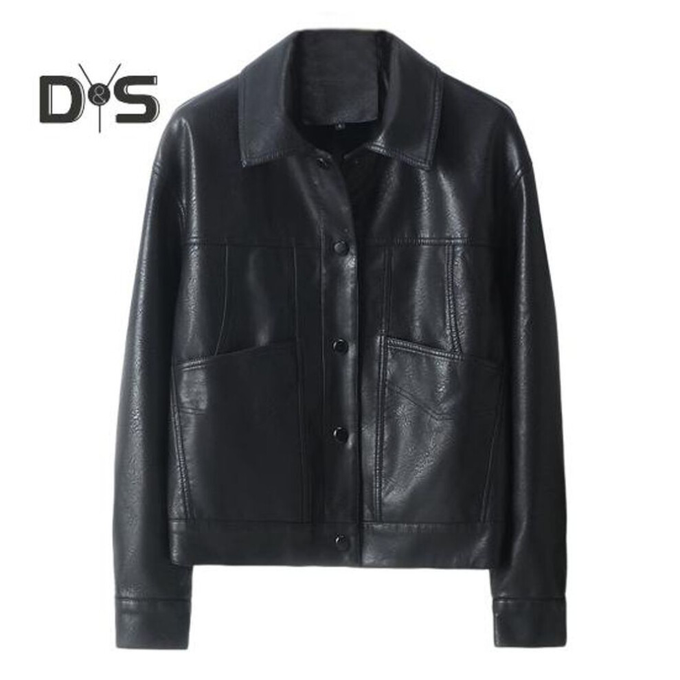 (black, XXXL) Women Jacket Faux Leather Smooth Surface Turn-down Collar Single-breasted Long Sleeves Pockets Retro Motorcycle Coat Office Commuting Travel