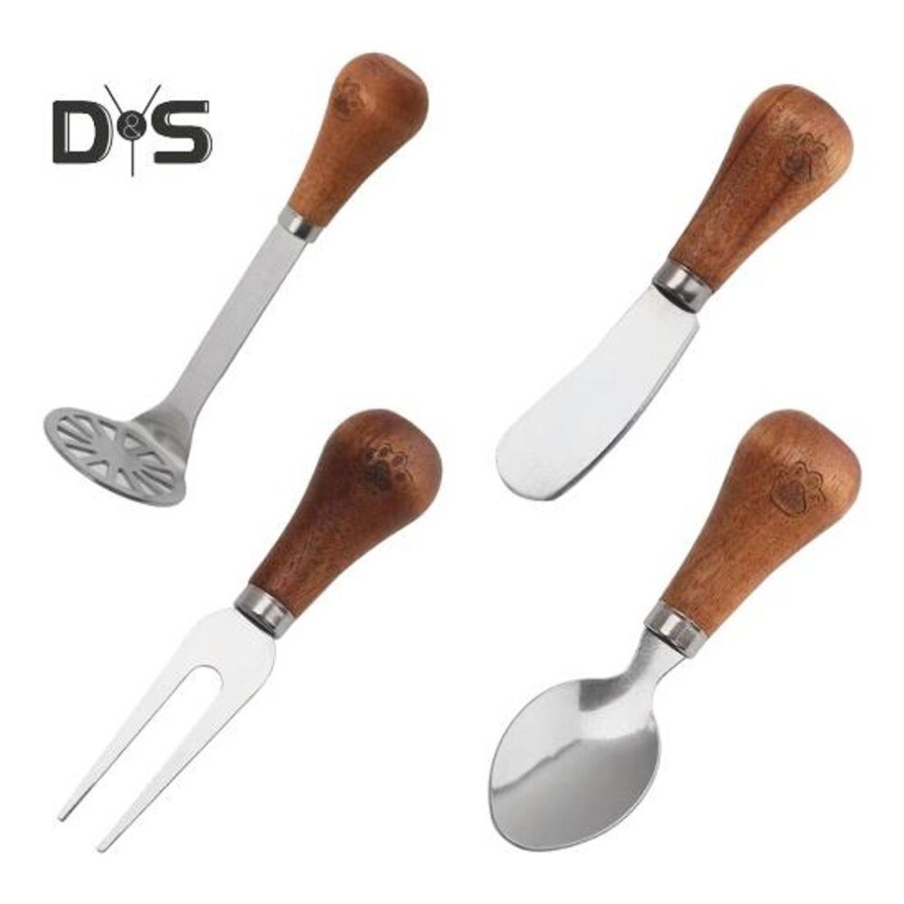 4Pcs Stainless Steel Potato Masher Spoon Fork Scraper Set Portable Wooden Handle Kitchen Tool for Mashed Potatoes Carrots Manual Presser Bean Crusher