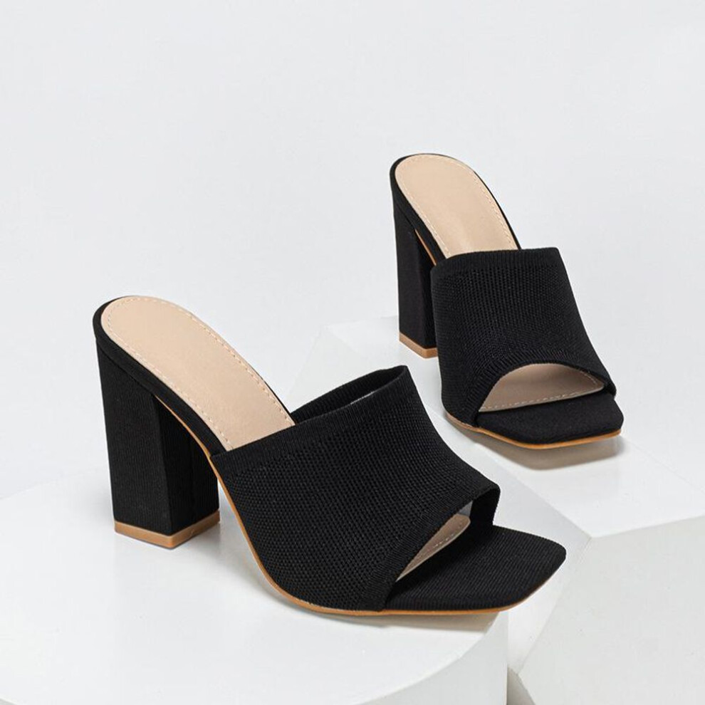 (black, 36) Women's Knitted Open-Toe Thick Heel Sandals