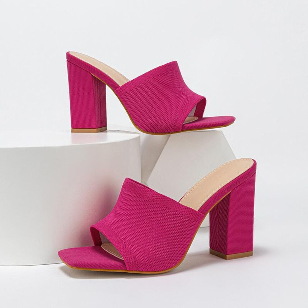 (rose red, 40) Women's Knitted Open-toe Thick Heel Sandals