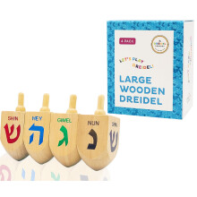 Dreidel Company Hanukkah Dreidel 4 Ekstra Store Træ Dreidel Håndmalet - Inkluderer Spil Instruktionskort - (4-Pack XL Dreidels)