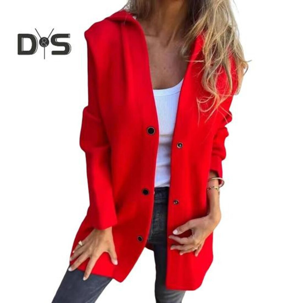 (red, M) Fall Winter Women Coat Hooded Button-down Solid Color Thick Pockets Loose Cardigan Mid Length Outdoor Travel Shopping Dating Overcoat