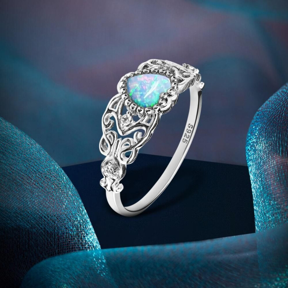 (multicolor, 5) 925 Sterling Silver Vintage Ring For Ladies Engrave Heart Opal Silver Rings
