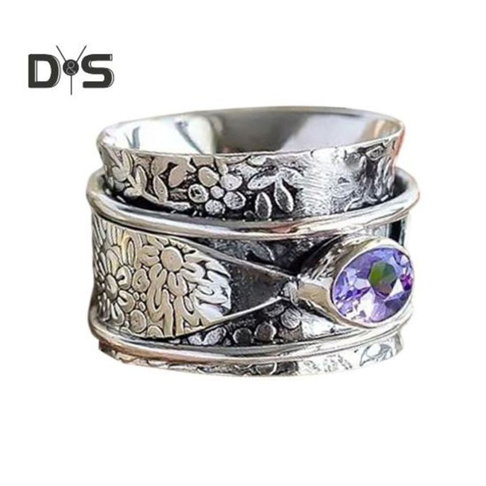 (as the picture, US 9) Bohemian Amethyst Meditation Ring Vintage Floral Rotation Wide Ring with Amethyst Stone Gemstone Spinning Ring for Anxiety Relief