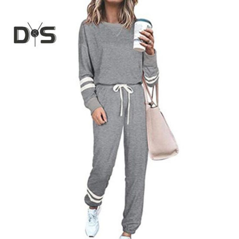 (grey, 2XL) 2 Pcs/Set Women Top Pants Suit Round Neck Long Sleeves Striped Solid Color Sweatshirt Drawstring Elastic Waist Trousers Daily Wear Sport Outfit Fall