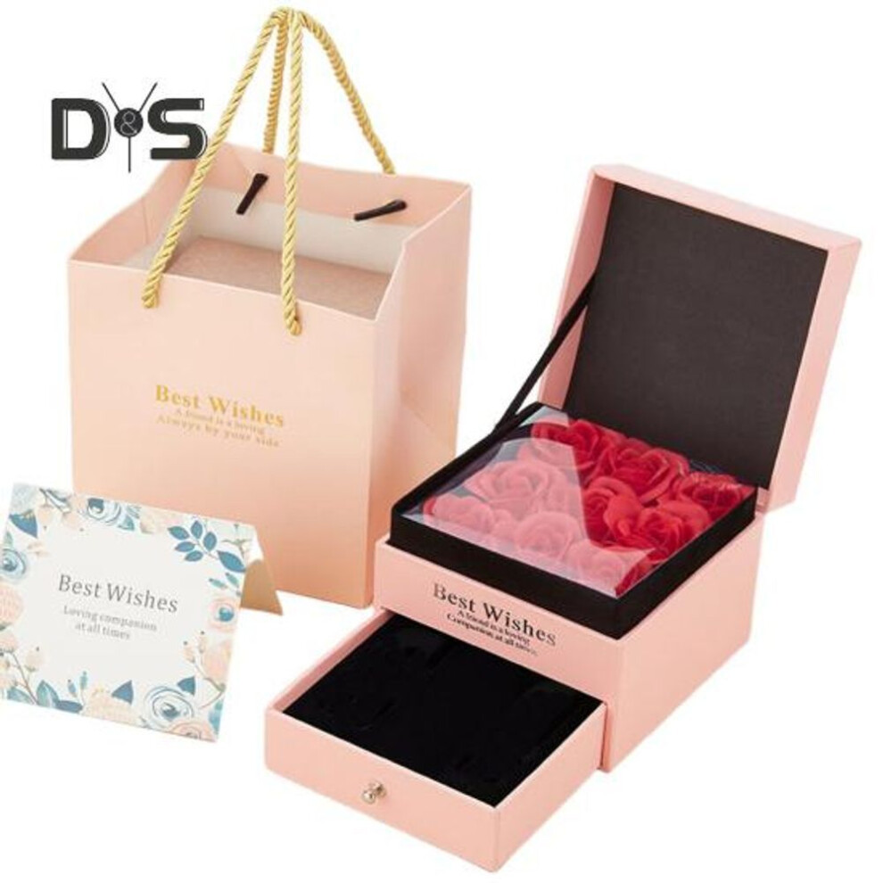 (pink) Artificial Rose Gift Box Double Layers Drawer Box with 9 Faux Flower Heads Fake Rose Jewelry Ring Storage Organizer Case Holder Women Mom Girlfriend