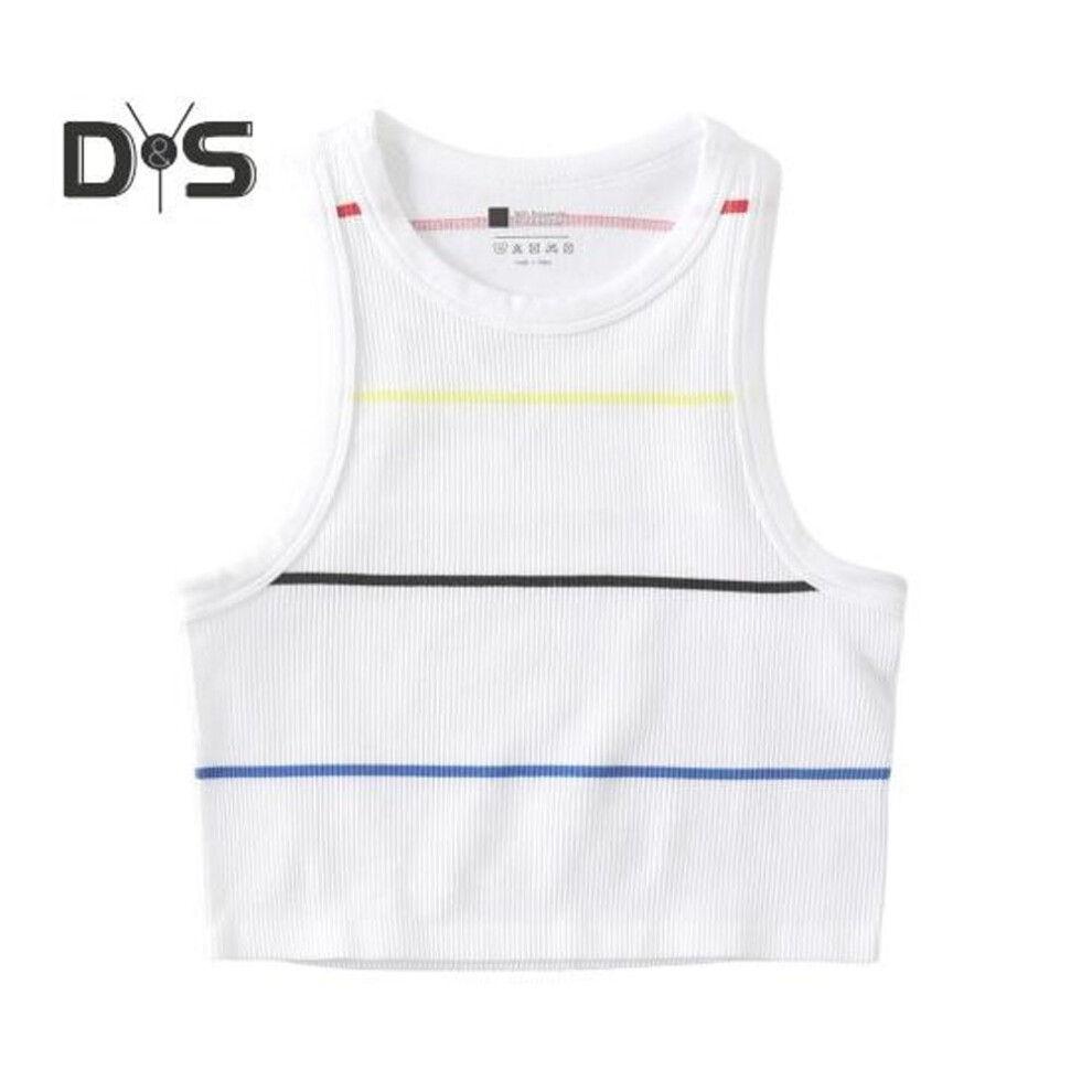 (M, white) Women Striped Tank Top Sleeveless Crew Neck Slim Fit Vest Summer Ribbed Crop Top For Daily Wear Beach Sports