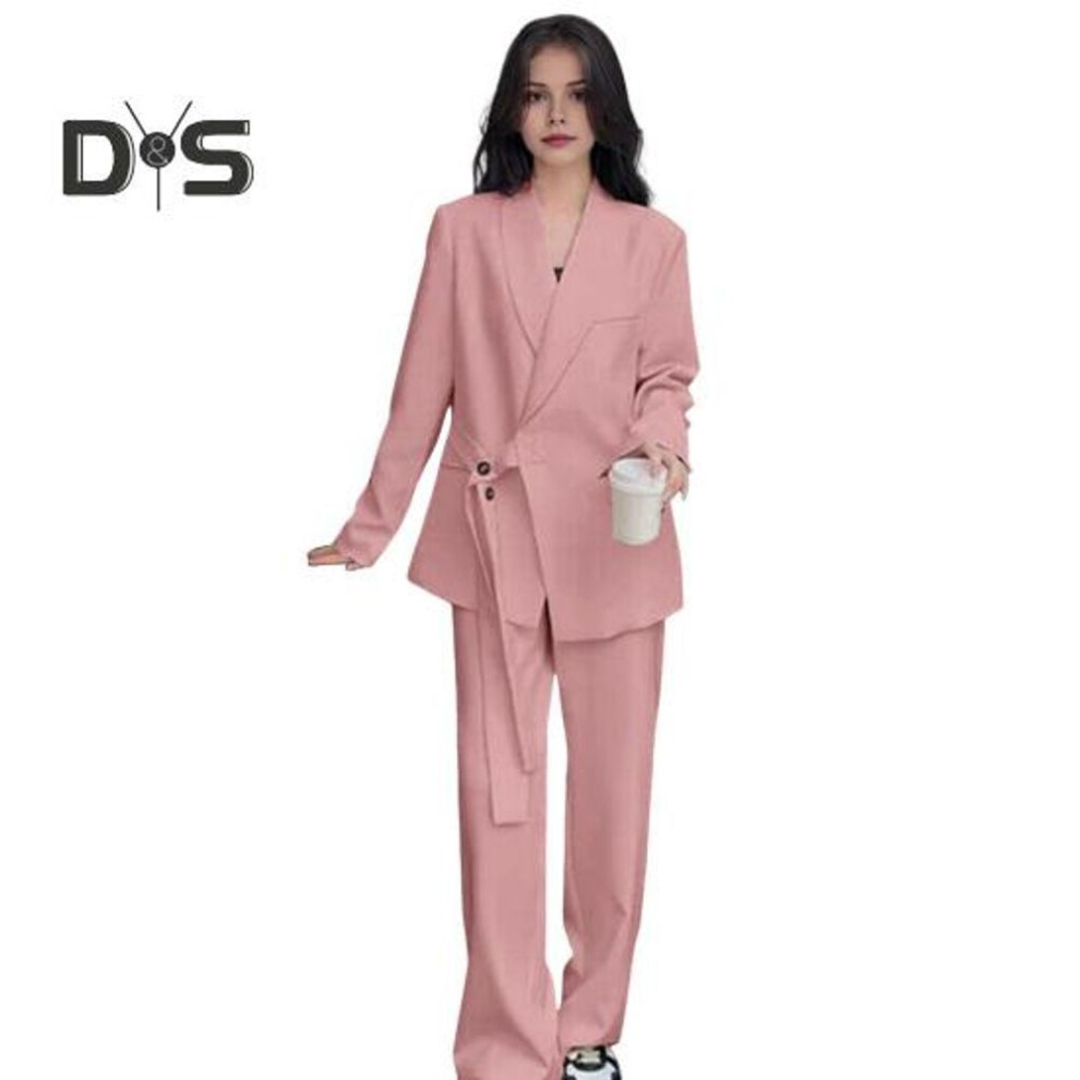 (pink, L) 2 Pcs/set Lady Formal Coat Pants Set Long Sleeves Button Strap Closure V Neck Cardigan Mid Length Jacket Straight High Waist Trousers Formal Business