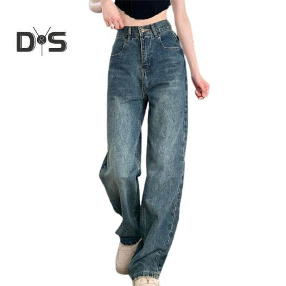 (blue, M) Women Jeans High Waist Wide Leg Solid Color Loose Pockets Ripped Pockets Button Zipper Closure Straight Full Length Denim Pants