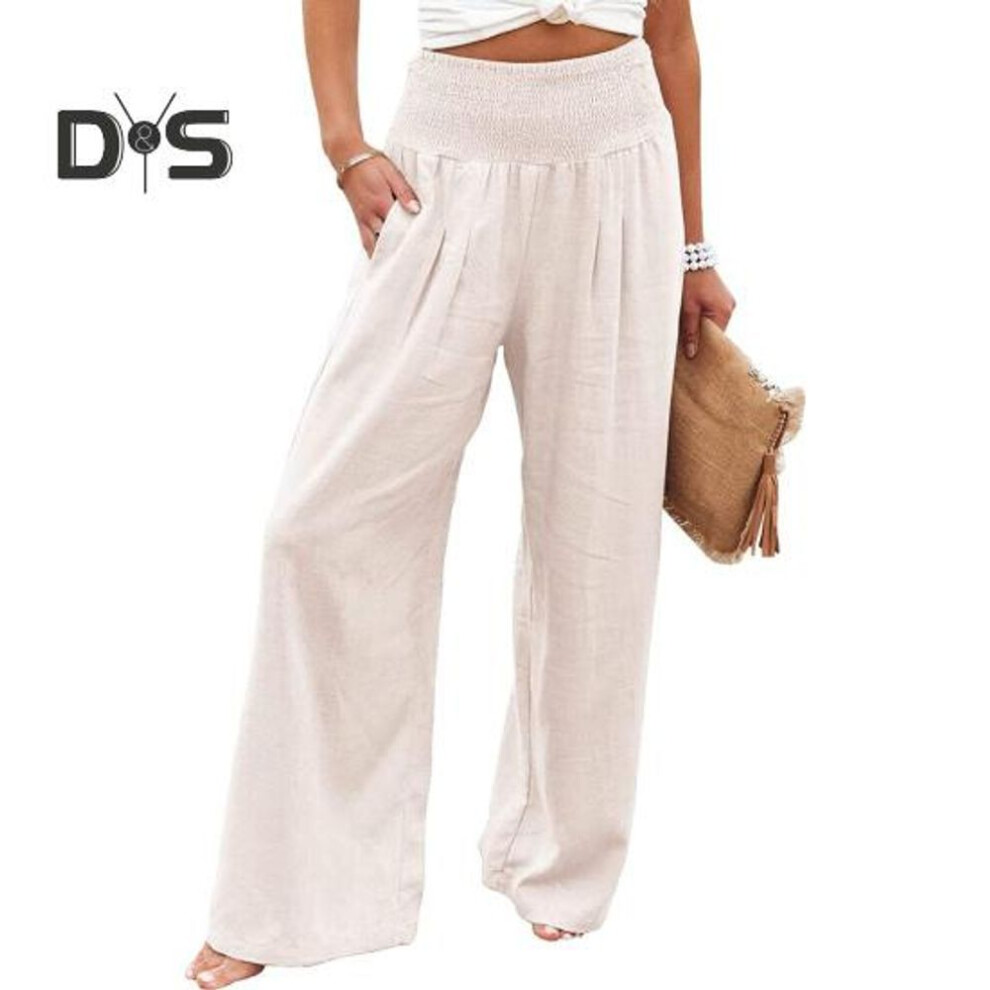 (white, L) Women Casual Pants Pleated Elastic High Waist Straight Wide Leg Long Trousers with Pockets Solid Color Bohemia Style Trousers