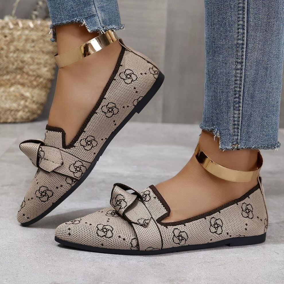 (tan, 38) Sharp Pointed Plus Size 43 Flat Sole Single Shoes For Women, Bow Tie Casual Breathable Women's Shoes