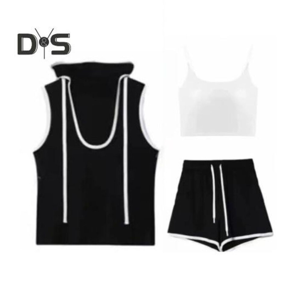 (black, XL) 3 Pcs/set Women Crop Top Vest Shorts Set Ice Silk Contrast Color Hooded Sleeveless Top Elastic Waist Shorts Sport Outfit