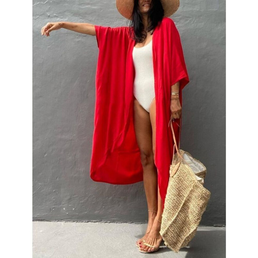 (one size, red) Women's Human Cotton Sunscreen Cardigan Bikini Cover Up Swimsuit Outer Sunwear Beach Holiday Dresses