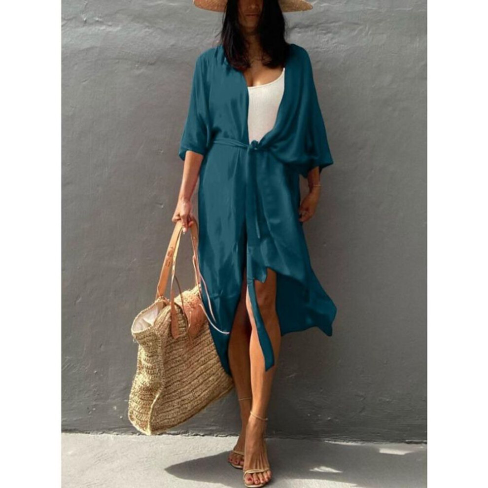 (one size, dark green) Women's Human Cotton Sunscreen Cardigan Bikini Cover Up Swimsuit Outer Sunwear Beach Holiday Dresses
