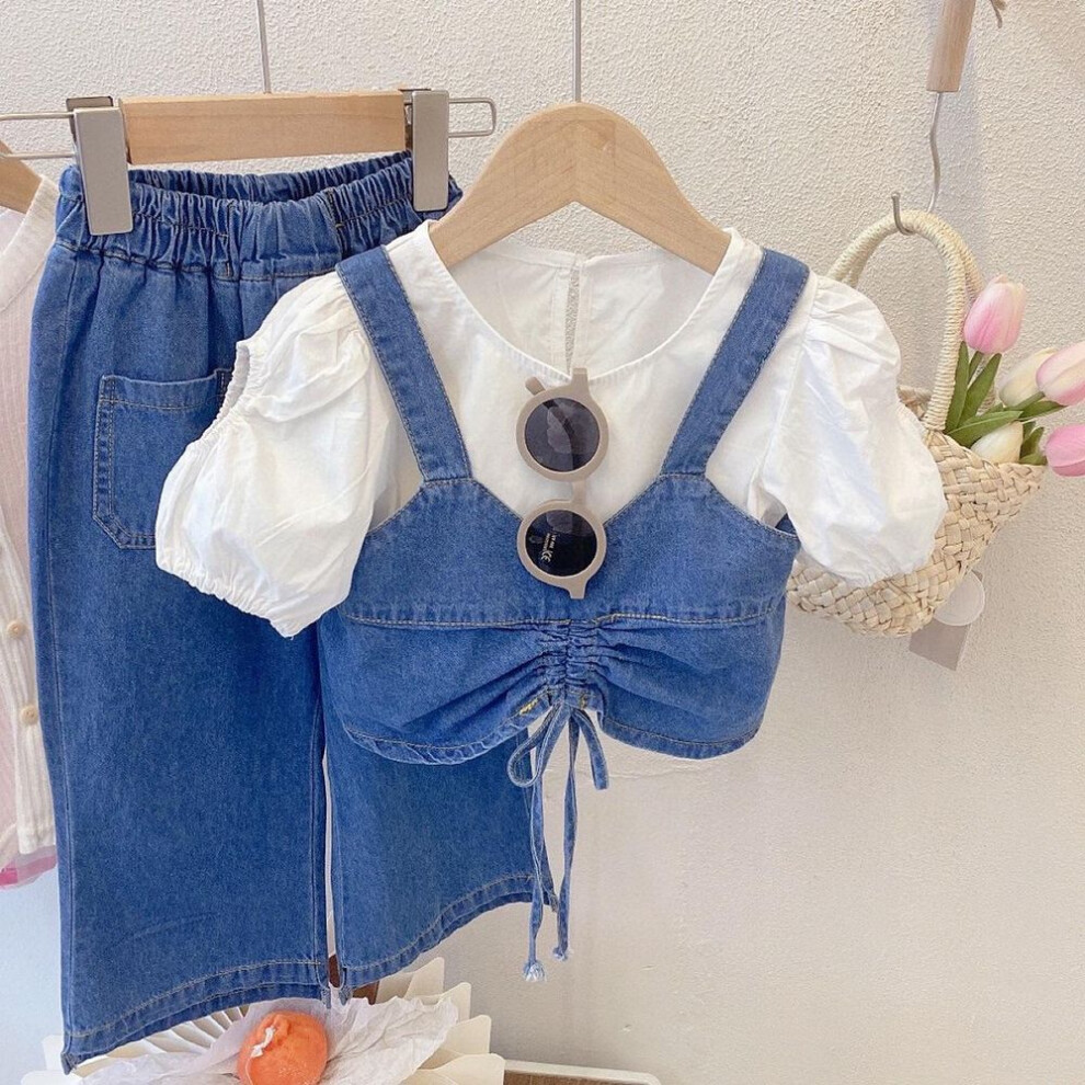 (blue, 110 cm) Girls' Summer Denim Suit 2023: Shirt, Suspenders & Wide-leg Pants Set