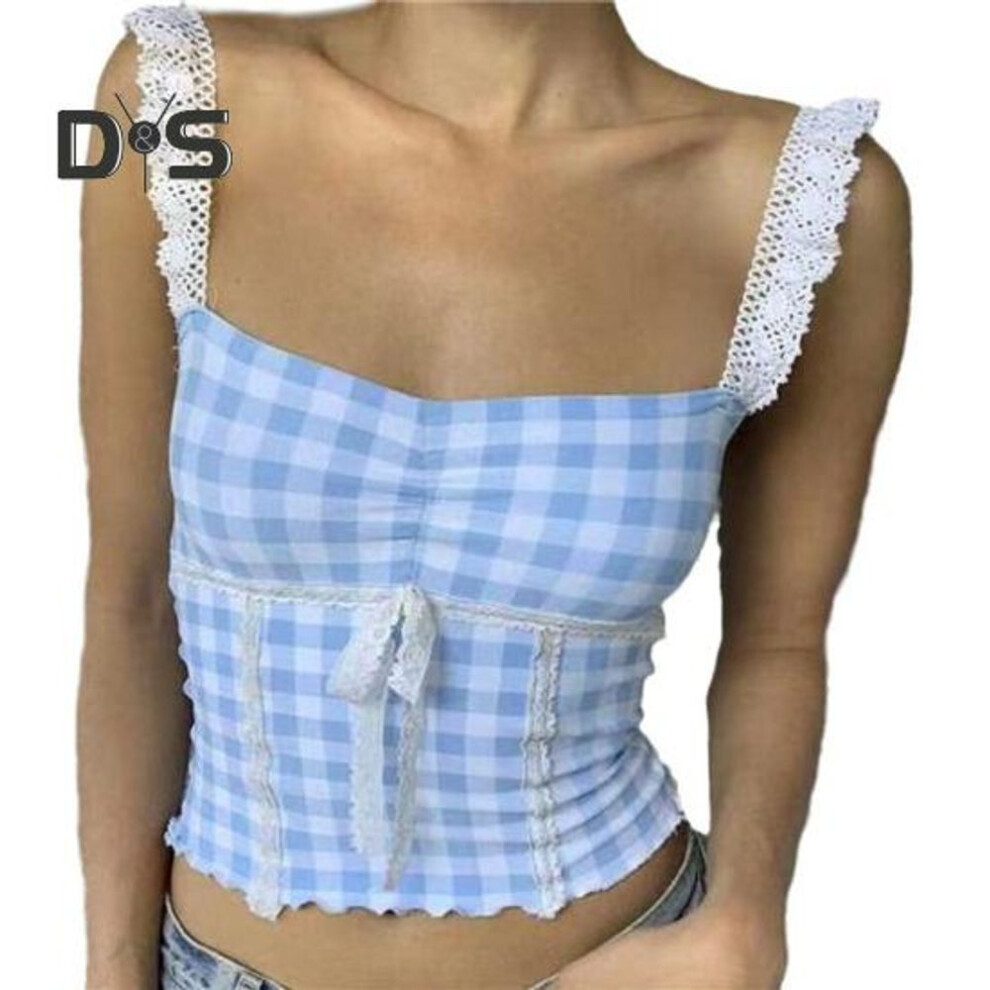 (XL, blue) Plaid Print Tank Tops Lace Stitching Cami Crop Top Square Neck Sleeveless Sexy Short Tops Sling Vest Daily Wear