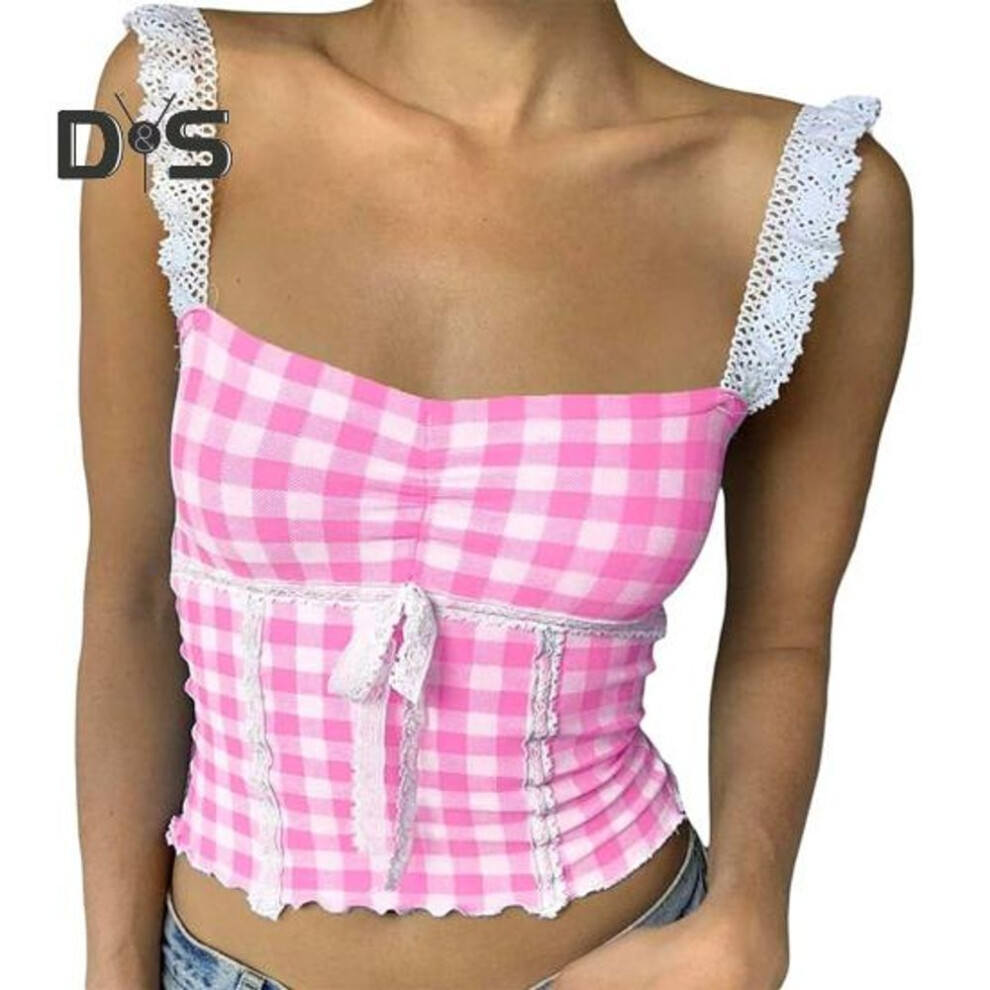 (M, pink) Plaid Print Tank Tops Lace Stitching Cami Crop Top Square Neck Sleeveless Sexy Short Tops Sling Vest Daily Wear