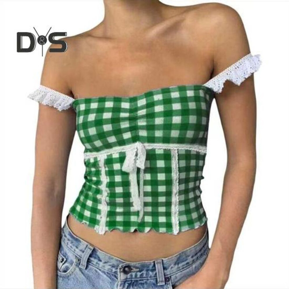 (M, green) Plaid Print Tank Tops Lace Stitching Cami Crop Top Square Neck Sleeveless Sexy Short Tops Sling Vest Daily Wear