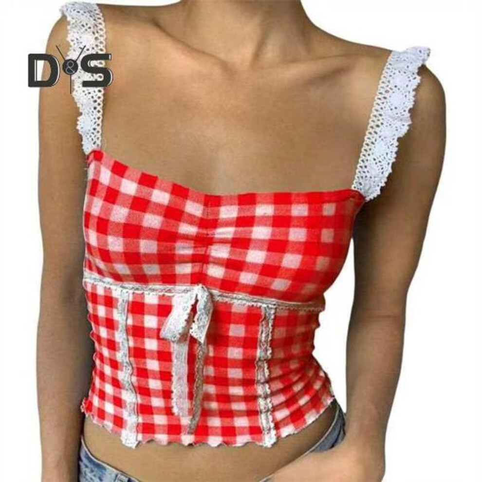 (XL, red) Plaid Print Tank Tops Lace Stitching Cami Crop Top Square Neck Sleeveless Sexy Short Tops Sling Vest Daily Wear