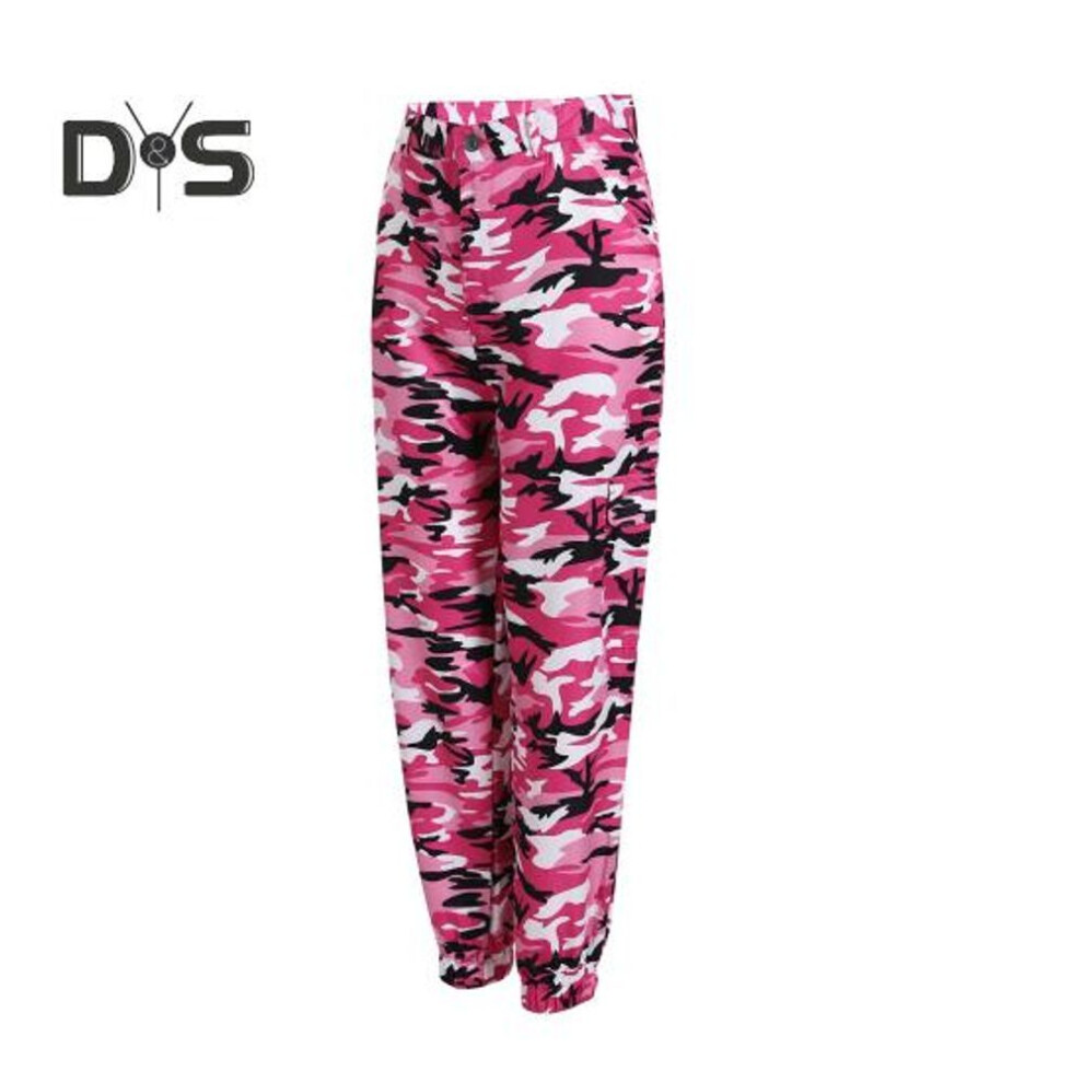 (rose red, XL) Women Harem Pants Zipper Button Fly Casual Sporty Style Trousers With Pockets Camouflage Print Loose Fit Pants